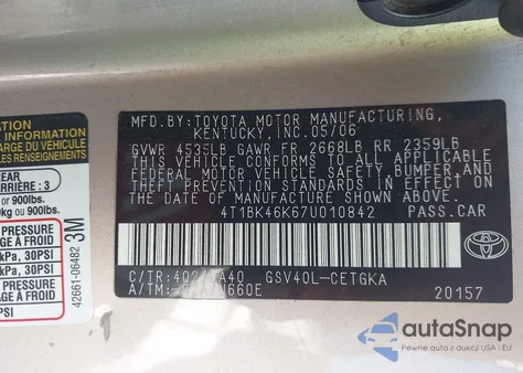 2007 Toyota Camry Xle V6 из США, поврежденный, VIN 4T1BK46K67U010842